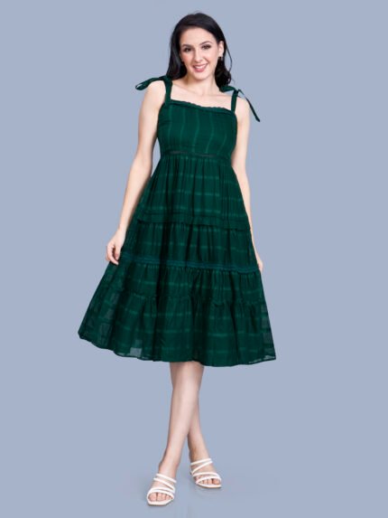 Premium Emerald Green Tiered Midi Dress with Tie-Strap Shoulders