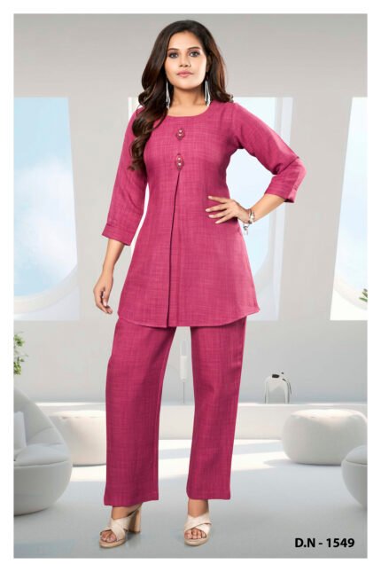 Pleated Textured Kurta Pant Set with Embellished Buttons
