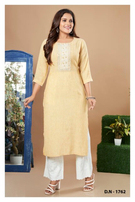Yellow Cotton Embroidered Straight Kurti with Palazzo Set