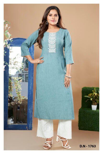 Teal Blue Cotton Embroidered Straight Kurti with Palazzo Set