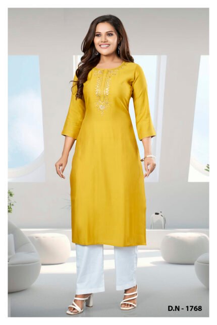 Sunshine Yellow Embroidered Kurti with White Pants