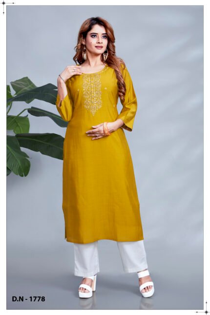 Mustard Yellow Embroidered Straight Kurta with White Pants