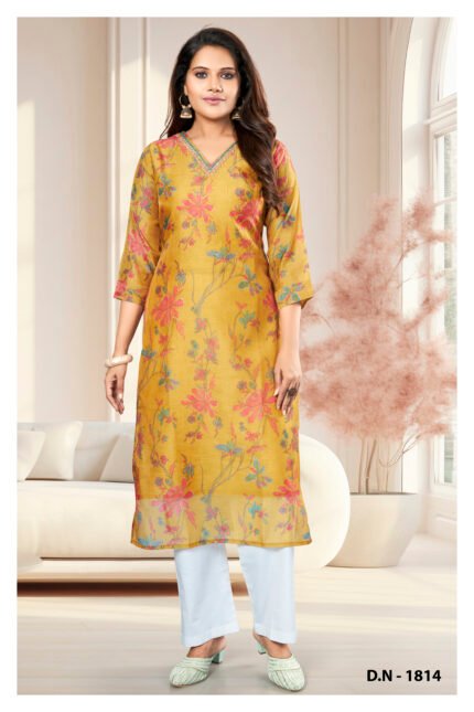 Mustard Yellow Floral Printed Kurta with White Palazzo