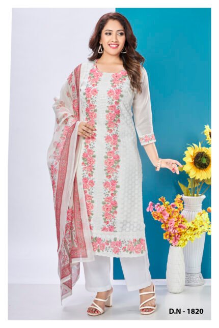 Ivory Rose Garden Embroidered Kurta Set with Printed Dupatta