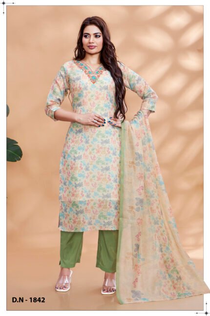 Pastel Floral Printed Kurta Set with Embroidered Neckline and Dupatta
