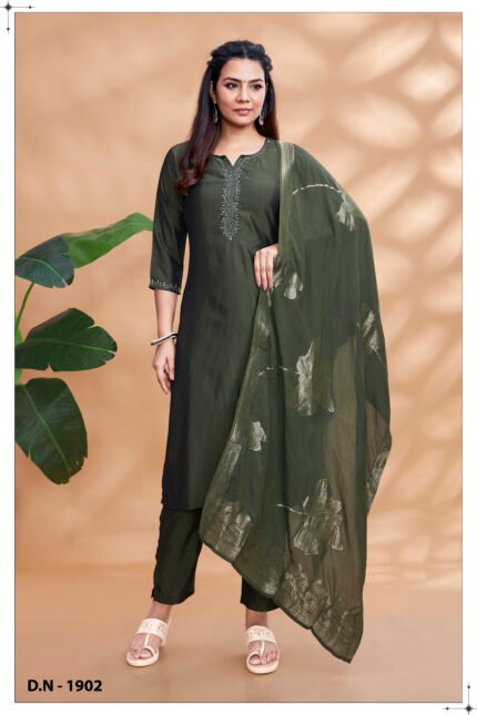 Olive Green Embroidered Straight Kurta Set with Dupatta