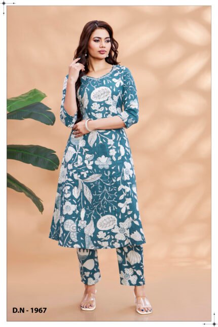 Teal Blue Floral Printed Kurta Set