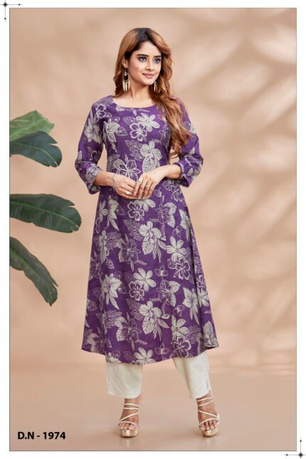 Purple Floral Print A-Line Kurta with Cream Pants