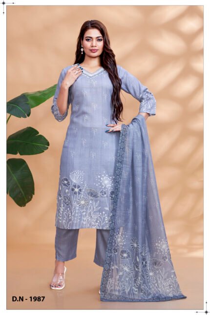 Slate Grey Embroidered Suit Set with Floral Dupatta