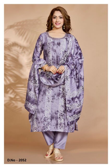 Lavender Printed Cotton Salwar Suit with Dupatta