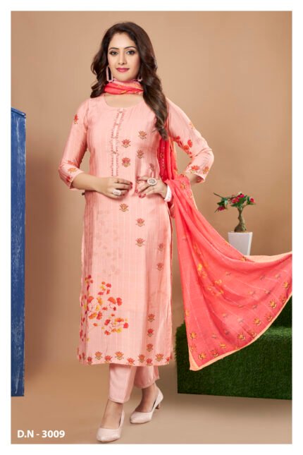 Peach Floral Straight Kurta Set with Dupatta