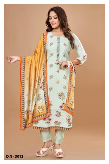 Pastel Green Floral Printed Kurta Set with Mustard Dupatta