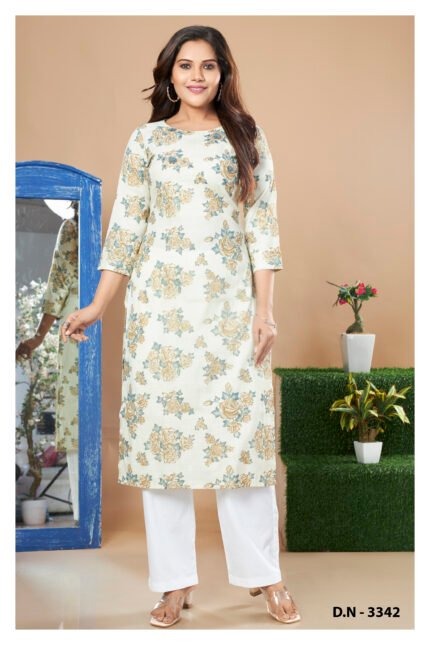Ivory Floral Printed Kurta with White Palazzo