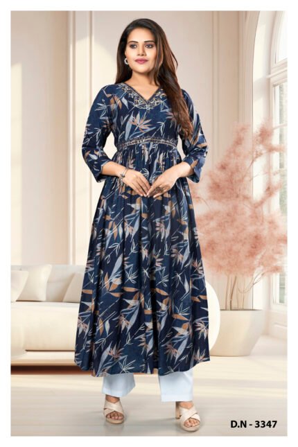 Navy Blue Floral Print Anarkali Kurta with Palazzo