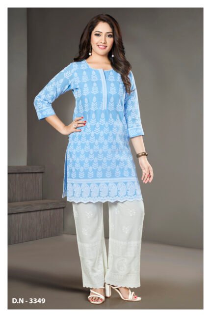 Sky Blue Chikankari Style Kurta with White Palazzo