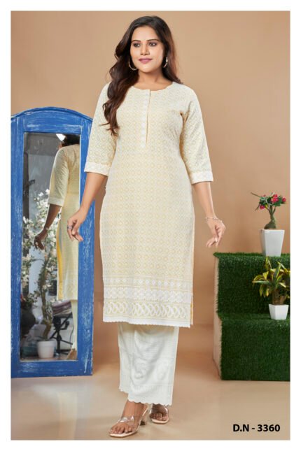 Pastel Yellow Printed Kurta with White Palazzo