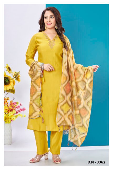 Golden Mustard Embroidered Kurta Set with Ikat Dupatta