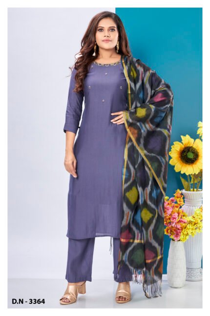 Smoky Lavender Embroidered Kurta Set with Abstract Dupatta