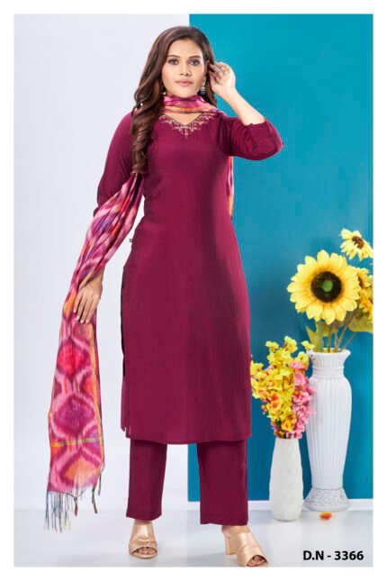 Wine Embroidered Kurta Set with Pink Ikat Dupatta