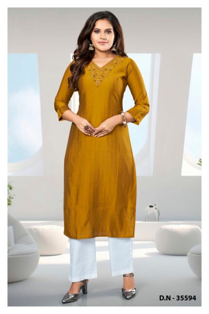 Mustard Yellow Kurta with V-Neck Embroidered Detail and White Pants