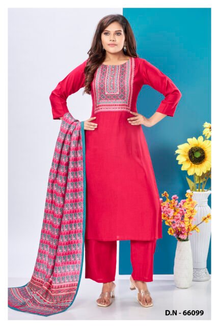 Ruby Red Kurta Set with Intricate Embroidered Yoke and Printed Dupatta