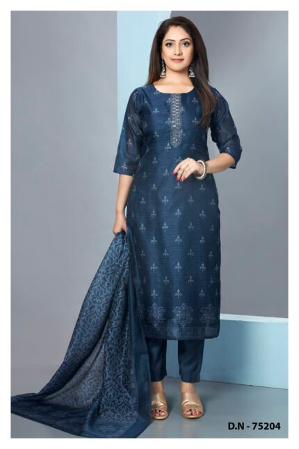 Royal Navy Blue Embroidered Suit Set with Brocade Dupatta