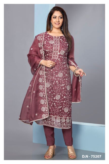 Wine Rose Floral Embroidered Suit Set with Matching Dupatta