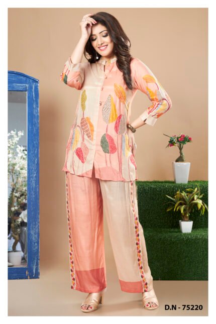 Peach & Beige Leaf Print Colorblock Co-ord Set