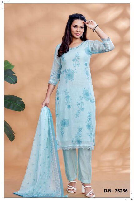 Sky Blue Floral Printed Cotton Suit Set