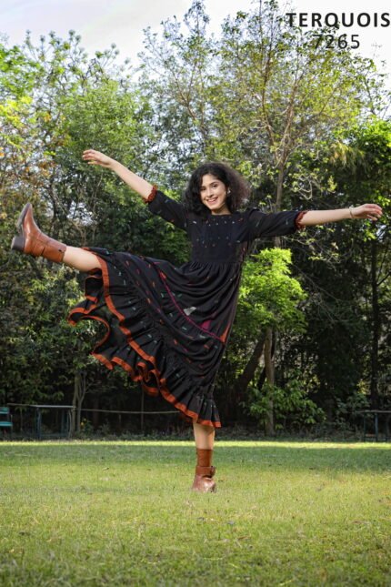 Terquois Boho Black Multicolour Threaded Tier Dress