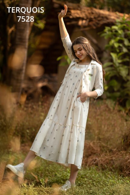 Terquois Ivory Cotton Printed Tier Dress with Jacket