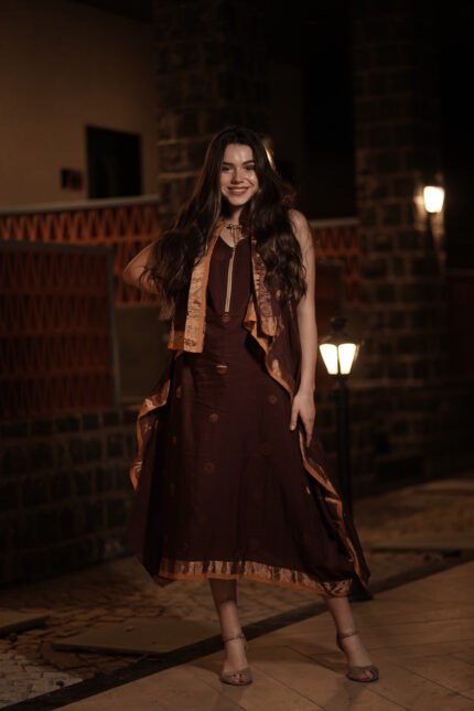 Maroon Silk-Blend Polka Detailed Asymmetric Dress with Festive Jacket