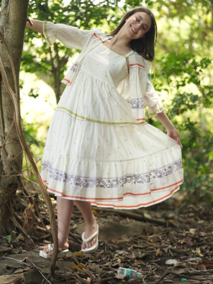 Ivory Tiered Cotton Dress with Multicolor Threadwork Jacket