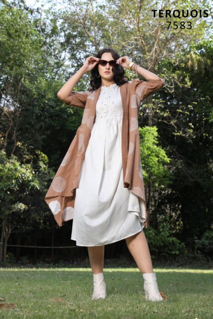 Rust Polka Overlay Shrug with Ivory Pinstripe Midi Dress Set