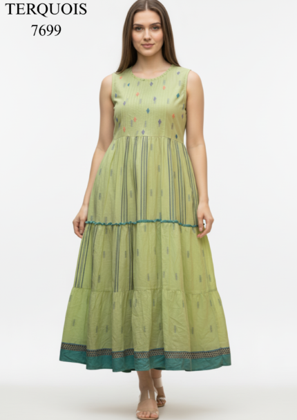 Pastel Lime Ikat-Inspired Tiered Maxi Dress with Contrast Hem