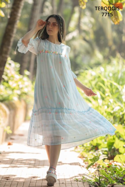 Pastel Breeze Floral Embroidered Midi Dress