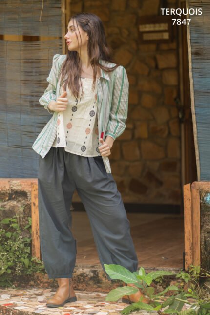 Green Striped Shirt & Printed Top with Relaxed Tapered Pants – 3-Piece Casual Set