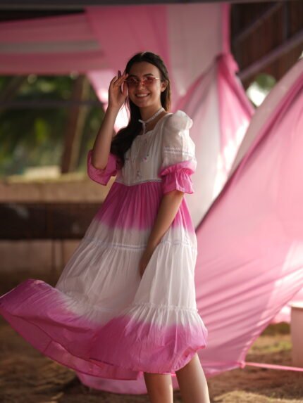 Blush Pink Ombre Embroidered Cotton Midi Dress