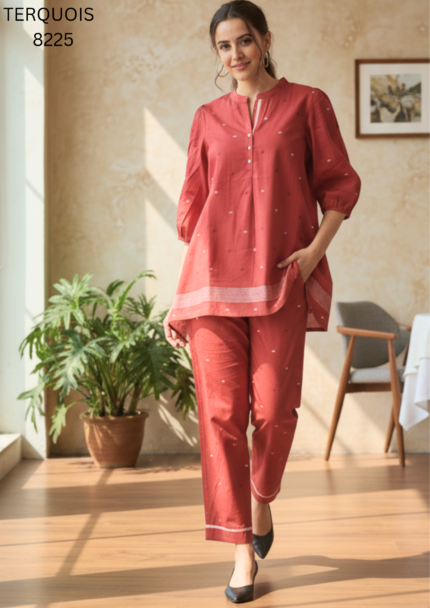 Rust Red Embroidered Cotton Co-Ord Set