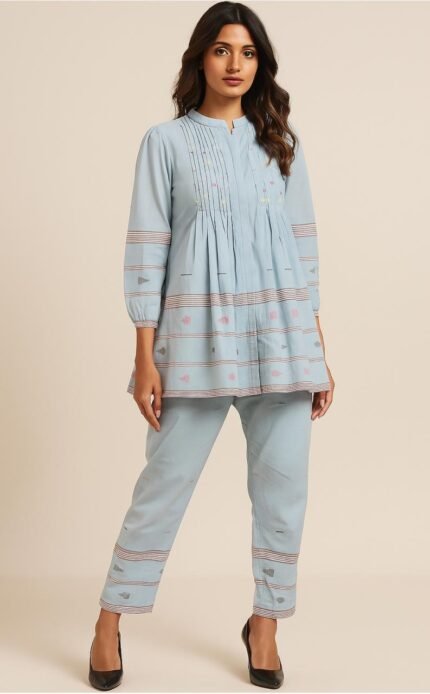 Light Blue Embroidered Pintuck Kurta & Pant Co-Ord Set