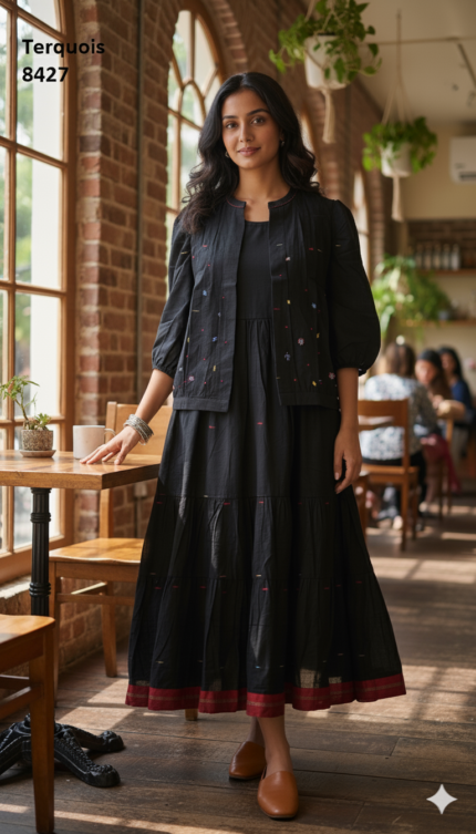 Black Embroidered Layered Dress with Short Jacket